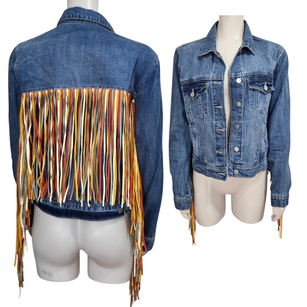 Scully Denim Jacket Womens Size M Blue Multi Color Fringe Western Boho Rodeo